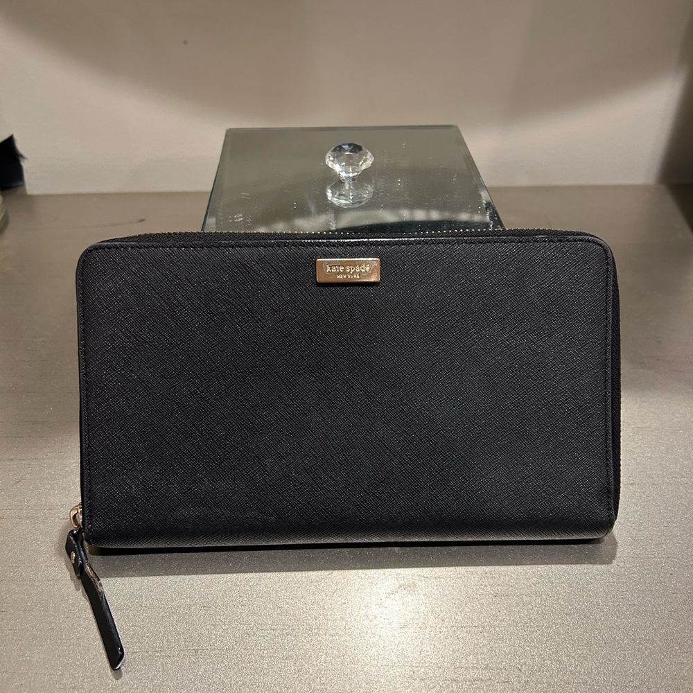 kate spade Black Zip-Around Saffiano Leather Wallet